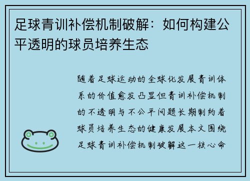 足球青训补偿机制破解：如何构建公平透明的球员培养生态