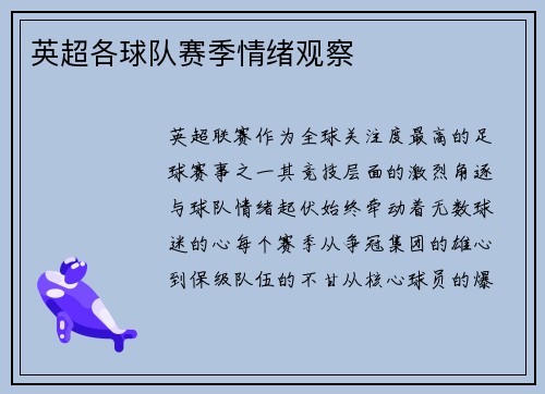 英超各球队赛季情绪观察