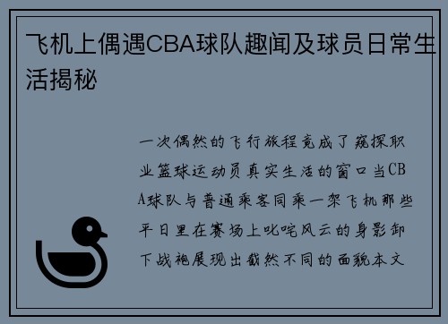 飞机上偶遇CBA球队趣闻及球员日常生活揭秘