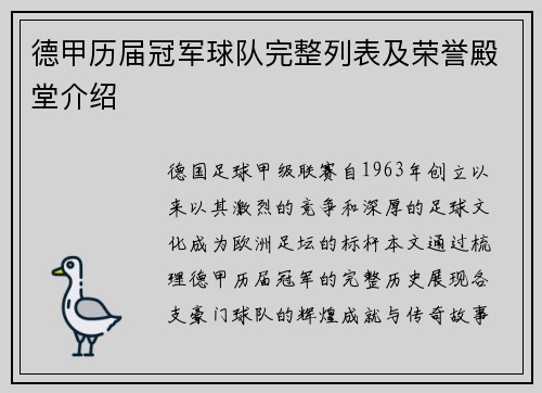 德甲历届冠军球队完整列表及荣誉殿堂介绍